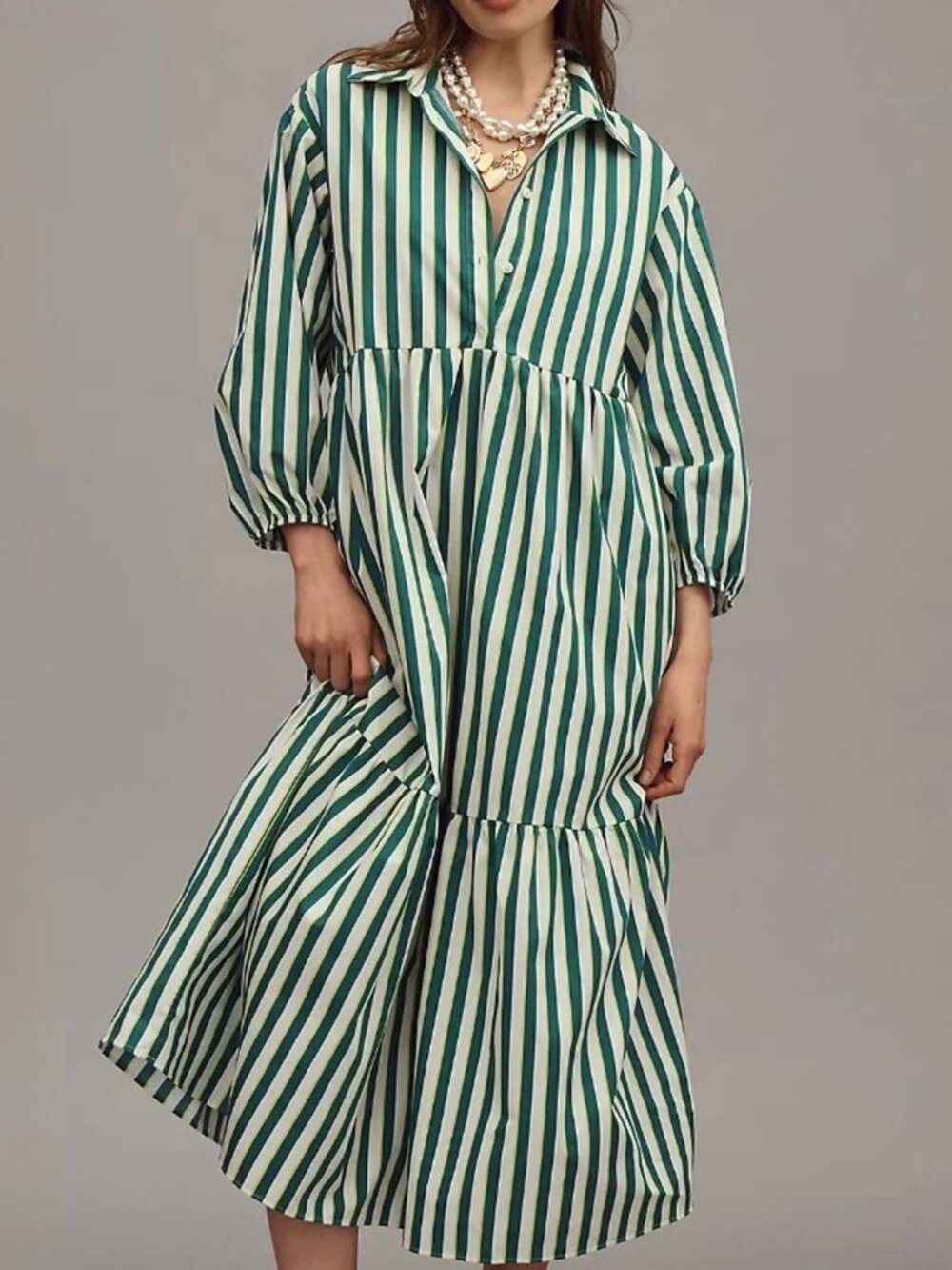Anthropologie Maeve Bettina Tiered Shirt Dress Green Stripe Petite S